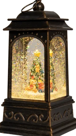 Anna's Collection automatische sneeuwbol lantaarn kerstboom bruin met verlichting 13 x 13 x 25,5 cm