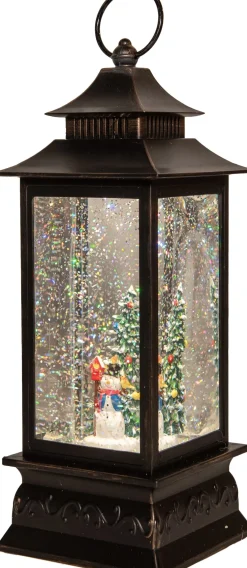 Anna's Collection automatische sneeuwbol lantaarn sneeuwpop zwart met verlichting 15 x 15 x 29 cm