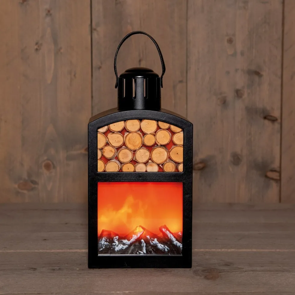 Anna's Collection kerstfiguur haard hout zwart met verlichting 14 x 10 x 27 cm