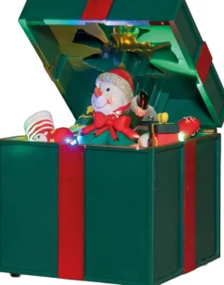 Anna's Collection kerstfiguur sneeuwpop in cadeau groen met verlichting 20 x 20 x 20 cm