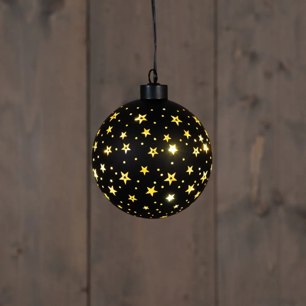 Anna's Collection kersthanger Cosma bal sterren zwart met verlichting D 11 cm