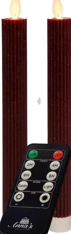 Anna's Collection LED dinerkaars Rib bewegende vlam met timer bordeaux D 2,2 H 23 cm 2 stuks