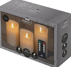Anna's Collection LED stompkaars met timer Rustiek crème D 7,5 H 10 / 12, 5 / 15 cm 3 stuks
