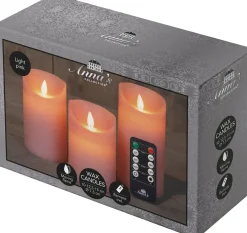 Anna's Collection LED stompkaars Rustiek roze D 7,5 H 10 / 12,5 / 15 cm 3 stuks