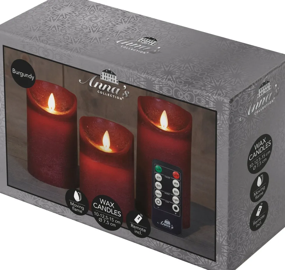 Anna's Collection LED stompkaars Rustiek donkerrood D 7,5 H 10 / 12,5 / 15 cm 3 stuks