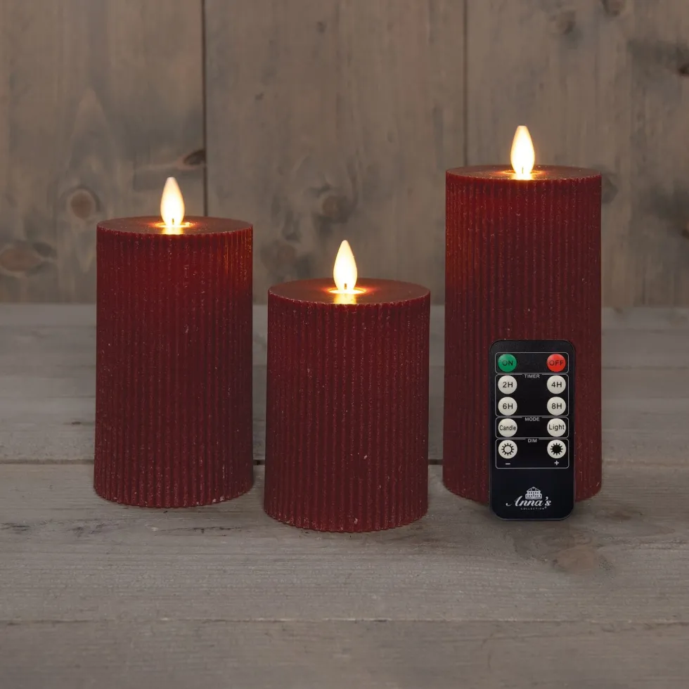 Anna's Collection LED stompkaars Rib met timer bordeaux D 7,5 H 10 / 12,5 / 15 cm 3 stuks