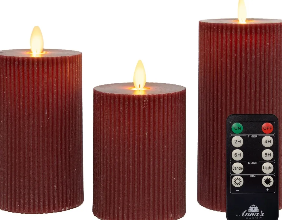 Anna's Collection LED stompkaars Rib met timer bordeaux D 7,5 H 10 / 12,5 / 15 cm 3 stuks