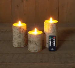 Anna's Collection LED stompkaars berkenhout structuur wit D 7,5 H 10 / 12,5 / 15 cm 3 stuks