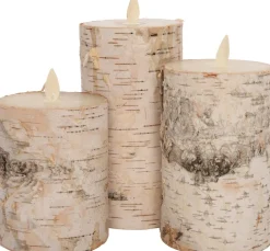Anna's Collection LED stompkaars berkenhout structuur wit D 7,5 H 10 / 12,5 / 15 cm 3 stuks