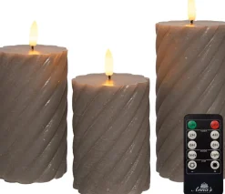 Anna's Collection LED stompkaars Swirl met timer taupe D 7,5 H 10 / 12,5 / 15 cm 3 stuks
