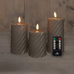 Anna's Collection LED stompkaars Swirl met timer taupe D 7,5 H 10 / 12,5 / 15 cm 3 stuks