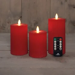 Anna's Collection LED stompkaars Rib met timer rood D 7,5 H 10 / 12,5 / 15 cm 3 stuks
