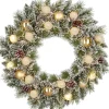 Black Box kerstkrans Kaprun besneeuwd kerstballen goud met 15 lampjes warm wit D 60 H 13 cm