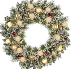 Black Box kerstkrans Kaprun besneeuwd kerstballen goud met 15 lampjes warm wit D 60 H 13 cm