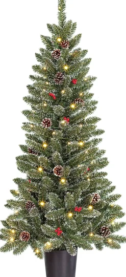 Black Box kunstkerstboom Creston besneeuwd dennenappels in pot met 60 lampjes warm wit D 60 H 120 cm