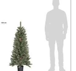 Black Box kunstkerstboom Creston besneeuwd dennenappels in pot met 60 lampjes warm wit D 60 H 120 cm
