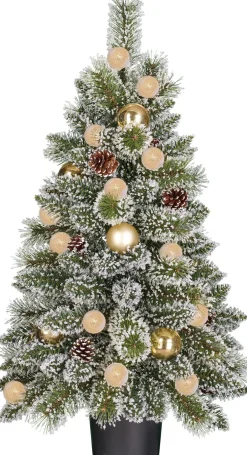 Black Box kunstkerstboom Kaprun besneeuwd goud kerstballen in pot met 20 lampjes warm wit D 51 H 90 cm