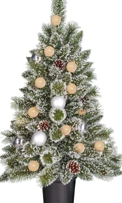 Black Box kunstkerstboom Kaprun besneeuwd zilver kerstballen in pot met 20 lampjes warm wit D 51 H 90 cm