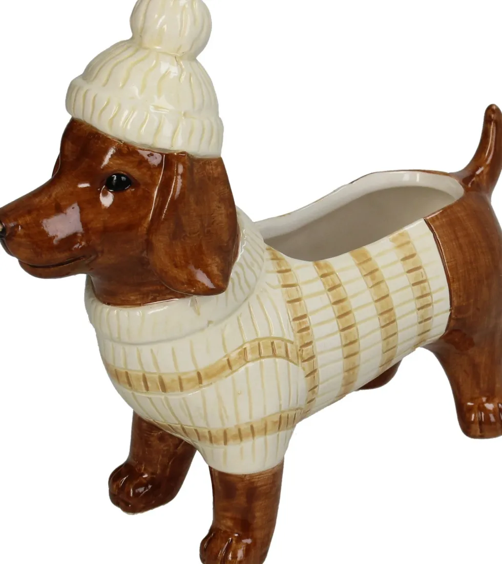 Bloempot teckel bruin / beige 19,5 x 7,2 x 17 cm