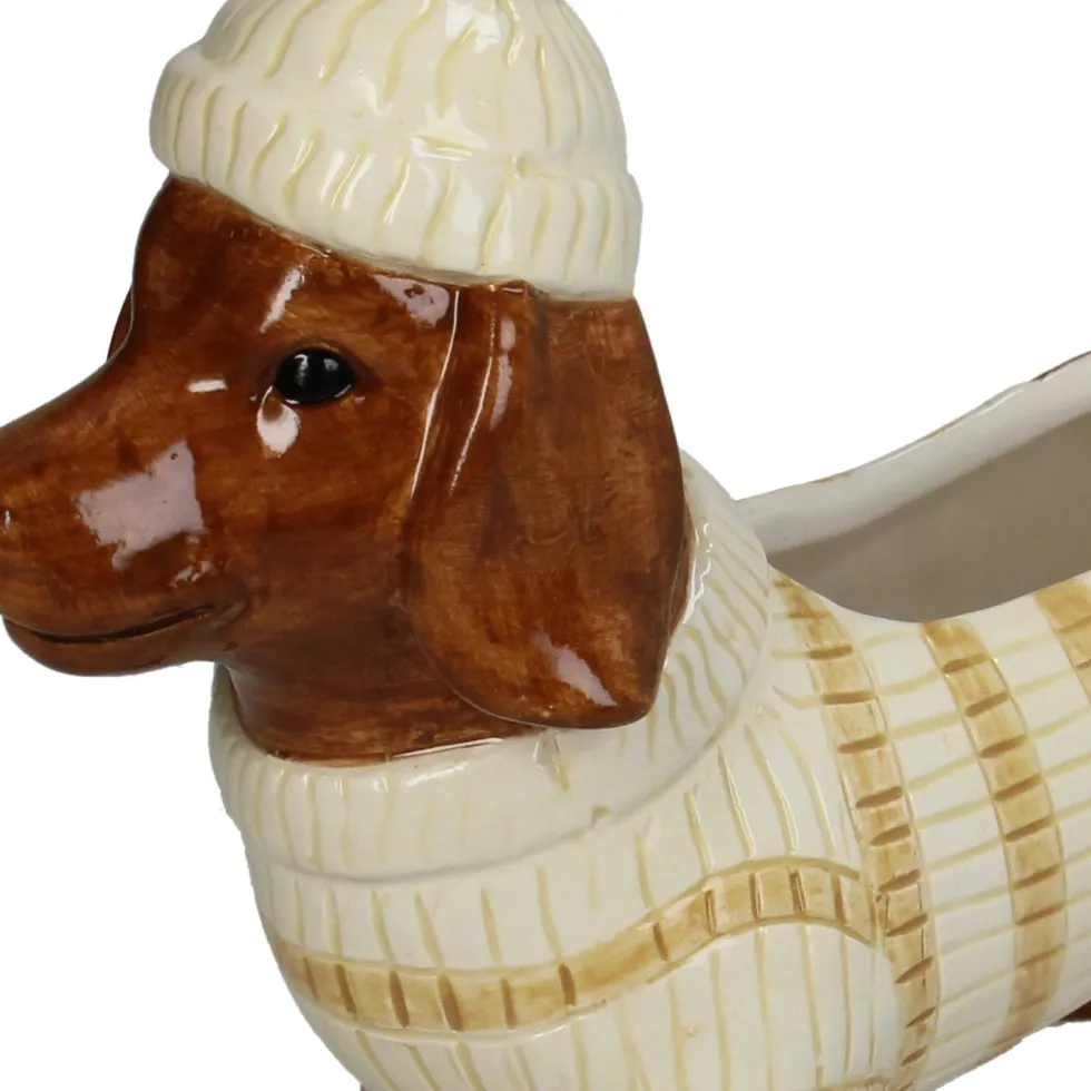 Bloempot teckel bruin / beige 19,5 x 7,2 x 17 cm