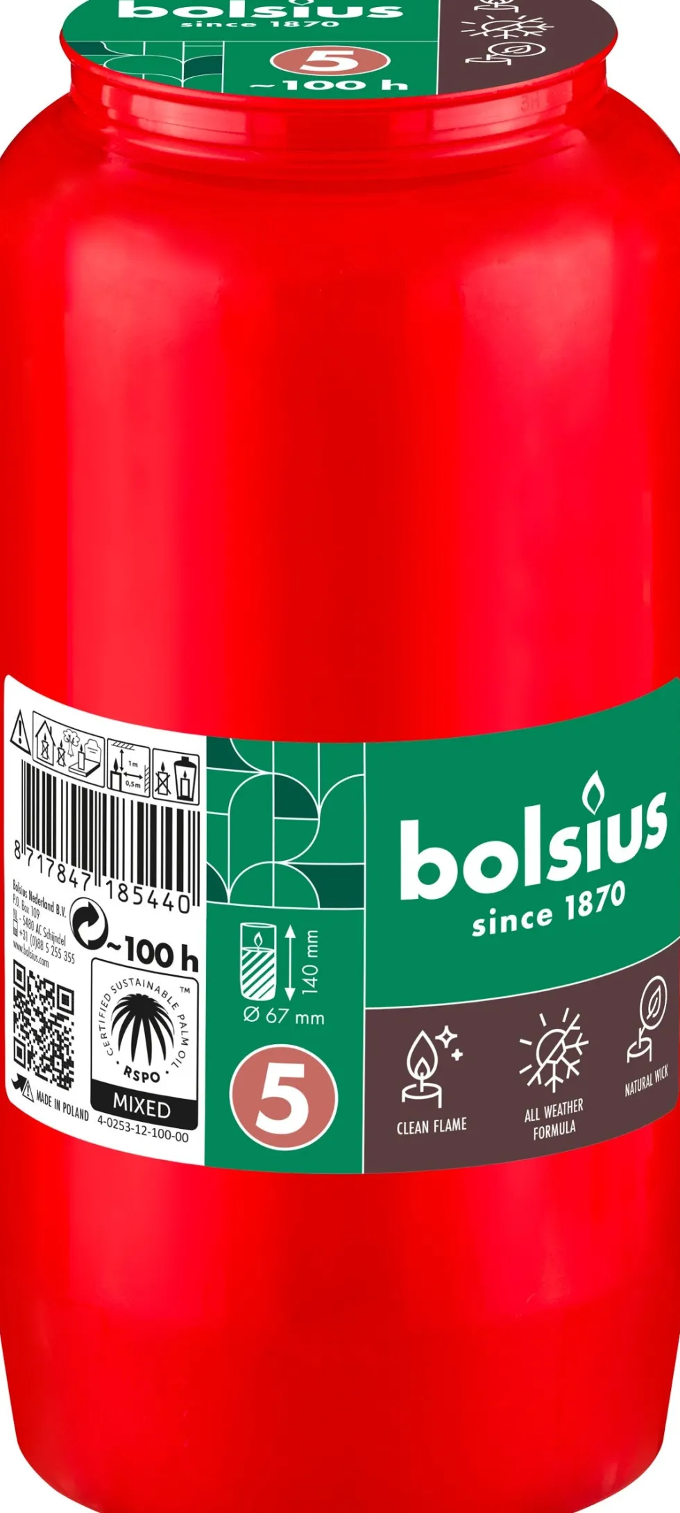 Bolsius herdenkingslicht nr 5 rood 100 uur D 6,7 H 14,1 cm