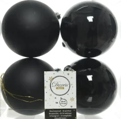 Decoris kerstbal zwart D 10 cm 4 stuks