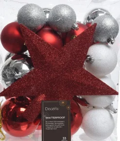 Decoris kerstboomdecoratie Marilene rood / wit D 8 cm 33-delig
