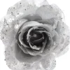 Decoris kerstclip roos met glitters D 14 cm zilver