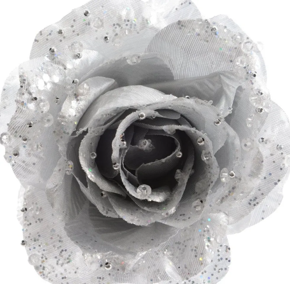 Decoris kerstclip roos met glitters D 14 cm zilver