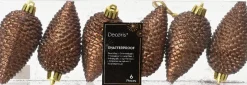 Decoris kerst ornament Manny dennenappel donker bruin 4,5 x 4,5 x 8 cm 6 stuks