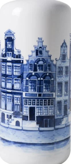 Heinen Delfts Blauw vaas wit / blauw Huisjes D 13 H 31 cm