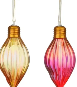 House of Seasons kerstbal Tobias druppel rood / goud met verlichting 7 x 7 x 15 cm 4 stuks
