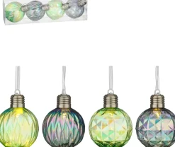 House of Seasons kerstbal Tobias groen / blauw met verlichting D 8 cm 4 stuks