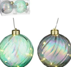 House of Seasons kerstbal Tobias groen / blauw met verlichting D 12 cm 2 stuks