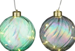 House of Seasons kerstbal Tobias groen / blauw met verlichting D 12 cm 2 stuks