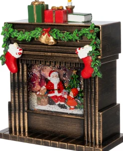Intratuin automatische sneeuwbol kerstman haard brons met verlichting 19,5 x 9,3 x 23 cm