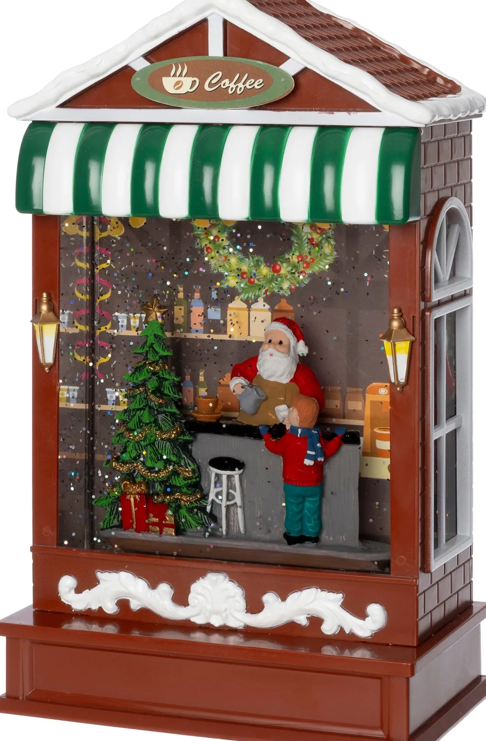Intratuin automatische sneeuwbol koffiewinkel met verlichting 16 x 9,3 x 25,6 cm