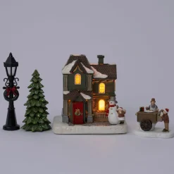 Intratuin kerstdorp set sneeuwpop huisje lantaarn 7,1 x 1,3 x 6,3 cm 5-delig