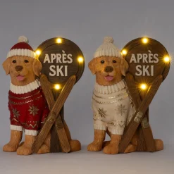 Intratuin kerstfiguur apres ski hond rood / bruin met verlichting 32 x 24 x 45 cm