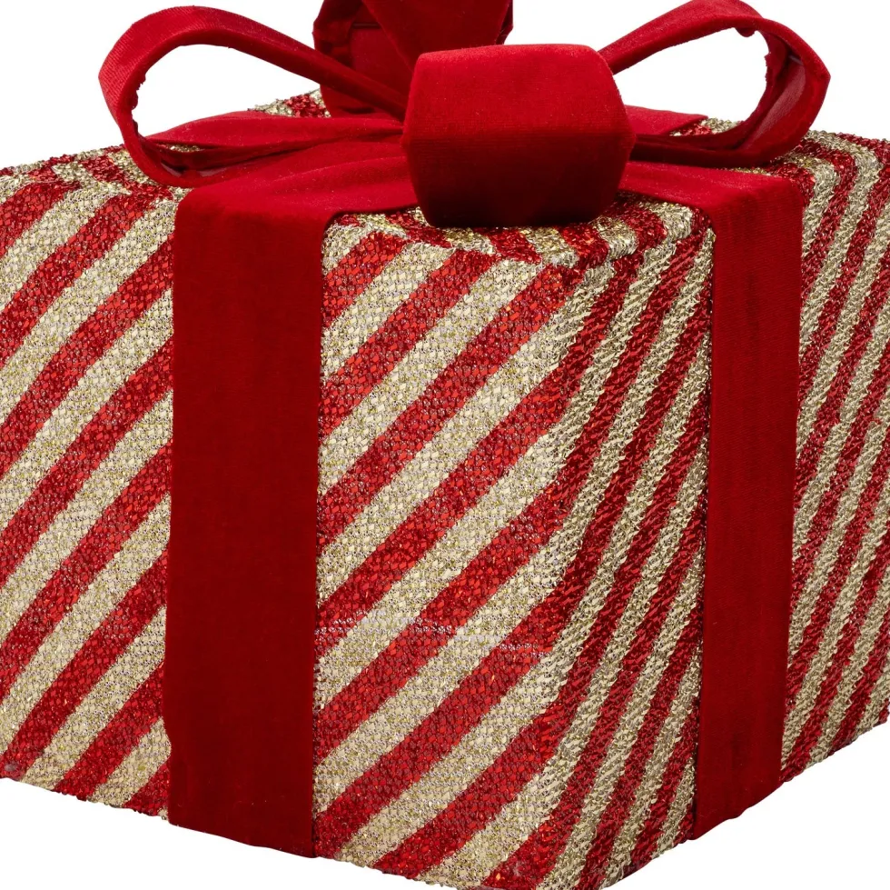 Intratuin kerstfiguur cadeau goud / rood met verlichting 25 x 25 x 28 cm