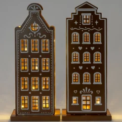 Intratuin kerstfiguur Howie grachtenpand hartjes bruin / wit met verlichting 31 x 16 x 74,5 cm