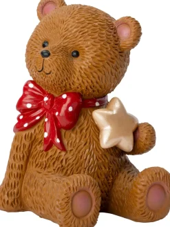 Intratuin kerstfiguur Huldra beer met ster bruin / rood met verlichting 14 x 12,5 x 19 cm