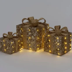 Intratuin kerstfiguur Kohal cadeau goud met verlichting 15 x 15 x 17 cm