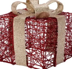 Intratuin kerstfiguur Koro cadeau rood / goud met verlichting 15 x 15 x 18 cm