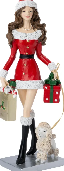 Intratuin kerstfiguur shoppende vrouw poedel wit / rood 11,5 x 10 x 33,8 cm