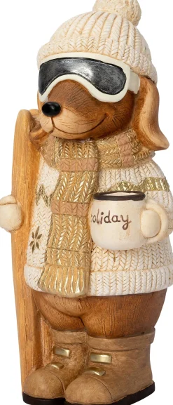 Intratuin kerstfiguur ski hond met mok beige / bruin 23 x 21,5 x 45 cm