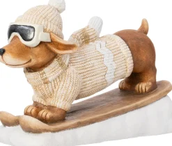 Intratuin kerstfiguur ski teckel trui beige / bruin 50,5 x 16,5 x 37 cm