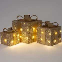 Intratuin kerstfiguur Tinda cadeau goud met verlichting 25 x 25 x 28 cm