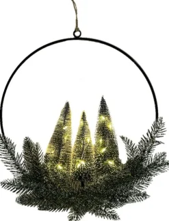 Intratuin kerstkrans besneewd zwart met 15 lampjes warm wit 30 x 6,5 x 38 cm
