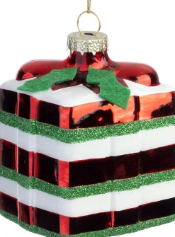 Intratuin kerst ornament cadeau rood / wit strepen 6 x 6 x 7 cm